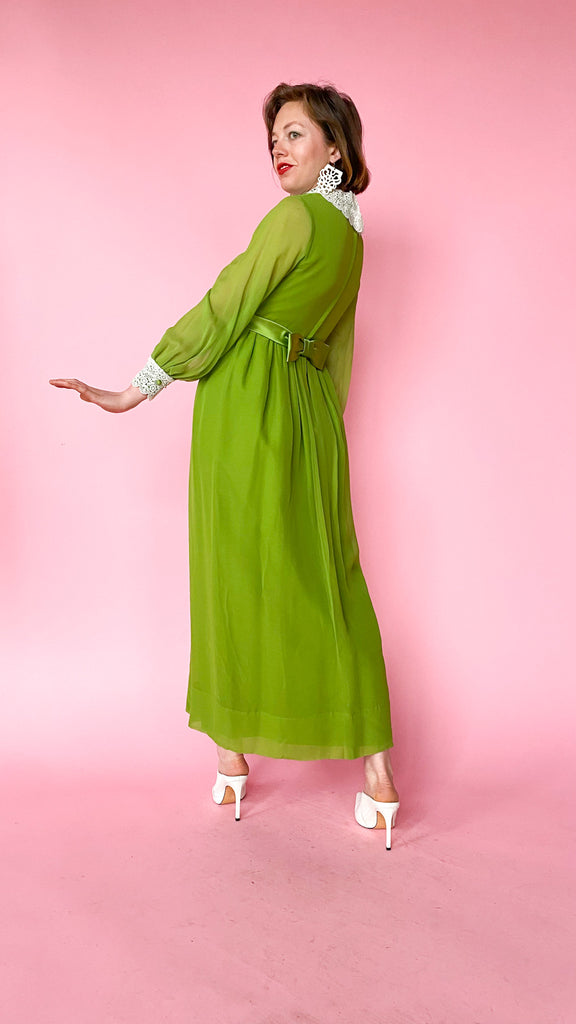 1970s Green Lace Trim Maxi Dress, sz. S