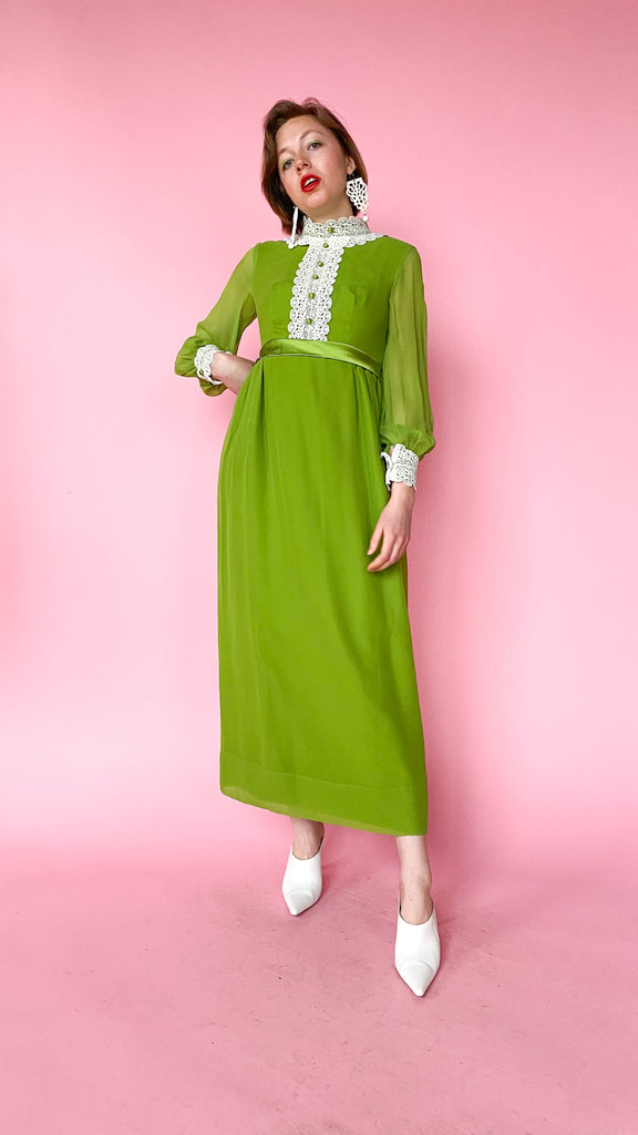 1970s Green Lace Trim Maxi Dress, sz. S