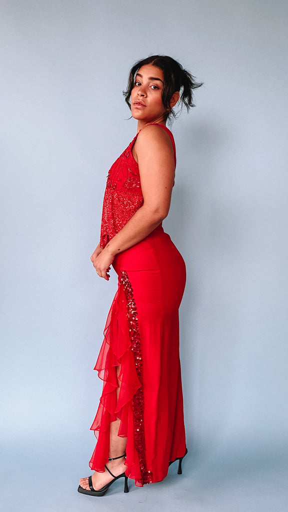 1990s Ruby Red Ruffle Dress, sz. M