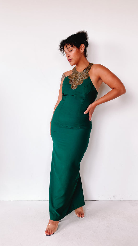 1990s Emerald Beaded Gown, sz. M/L