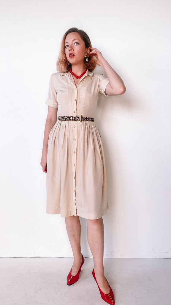 1950s Tan Button Up Day Dress, sz. XS
