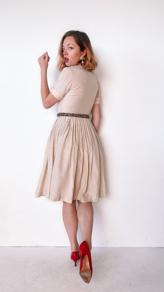 1950s Tan Button Up Day Dress, sz. XS