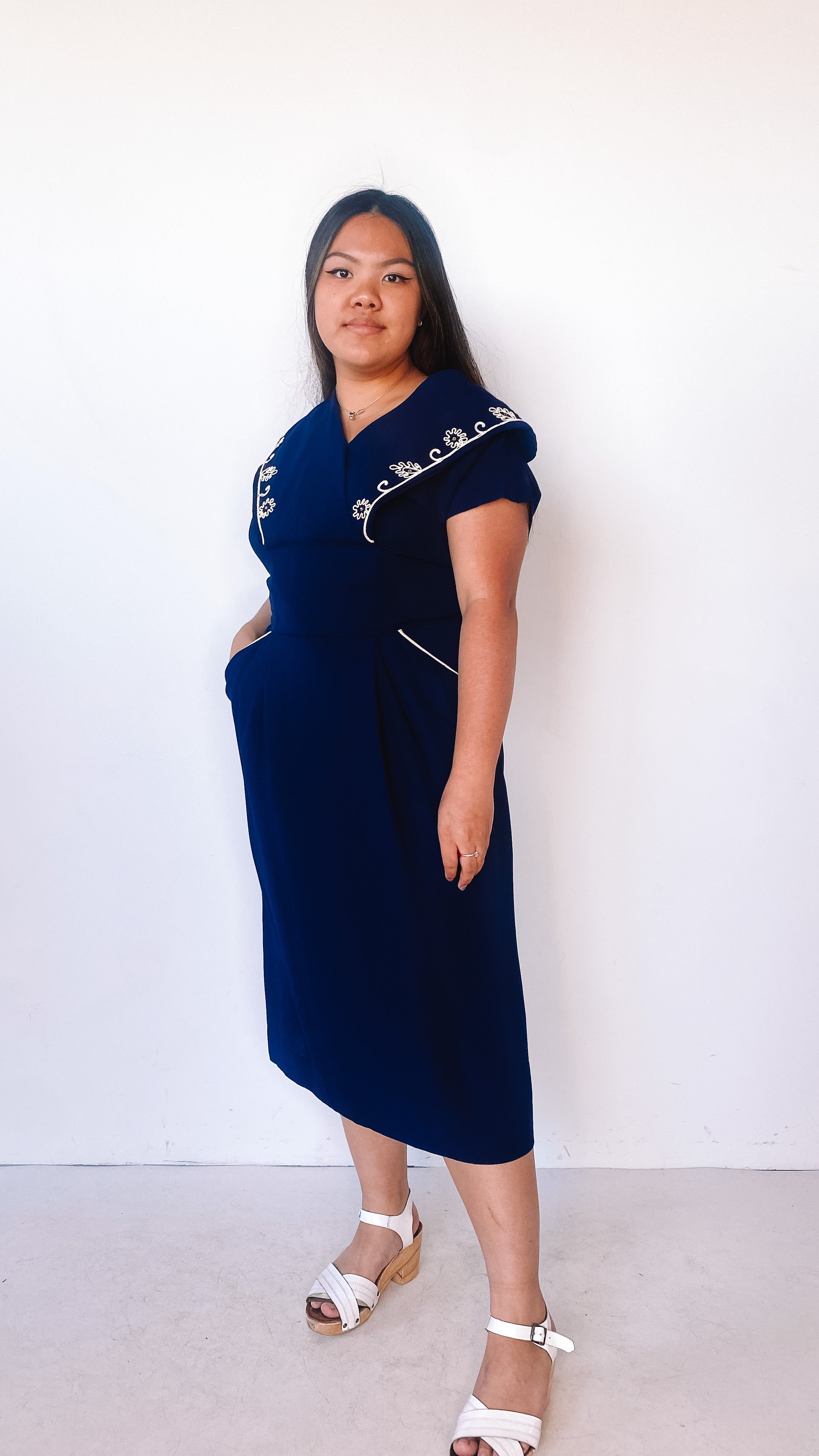 1940s Sailor Collared Dress, sz. L 1940s Sailor Collared Dress, sz. L