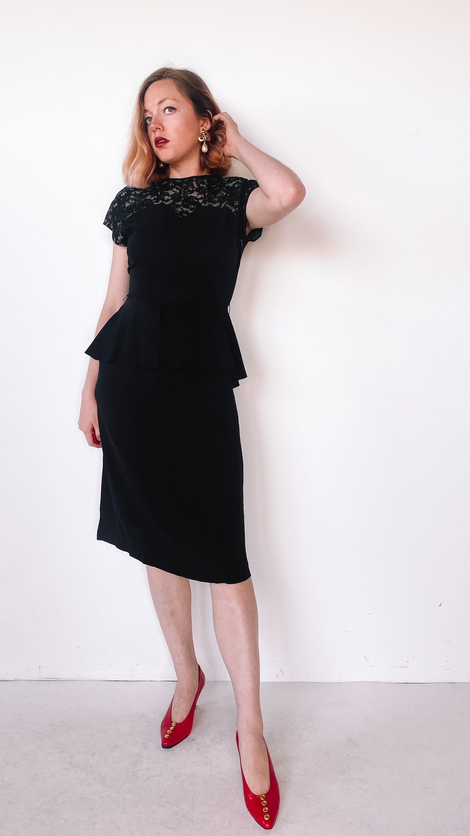 1940s Sweetheart Lace Peplum Dress, sz. S 1940s Sweetheart Lace Peplum Dress, sz. S