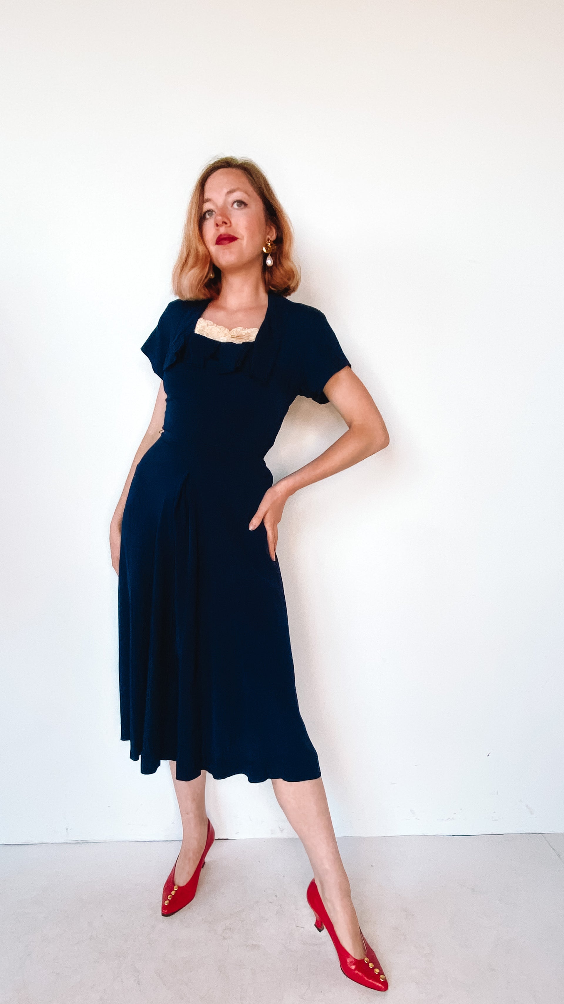 1940s Navy Dress with Lace Collar, Sz. Xs 1940s Navy Dress with Lace Collar, Sz. Xs