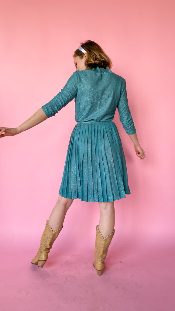 1970s Teal Shimmer Skirt Set, sz. XS/S