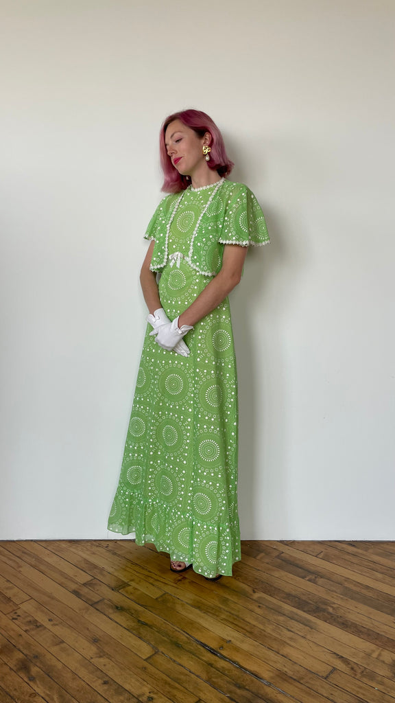 1970s Green daisy dress and shrug sz. XS/S