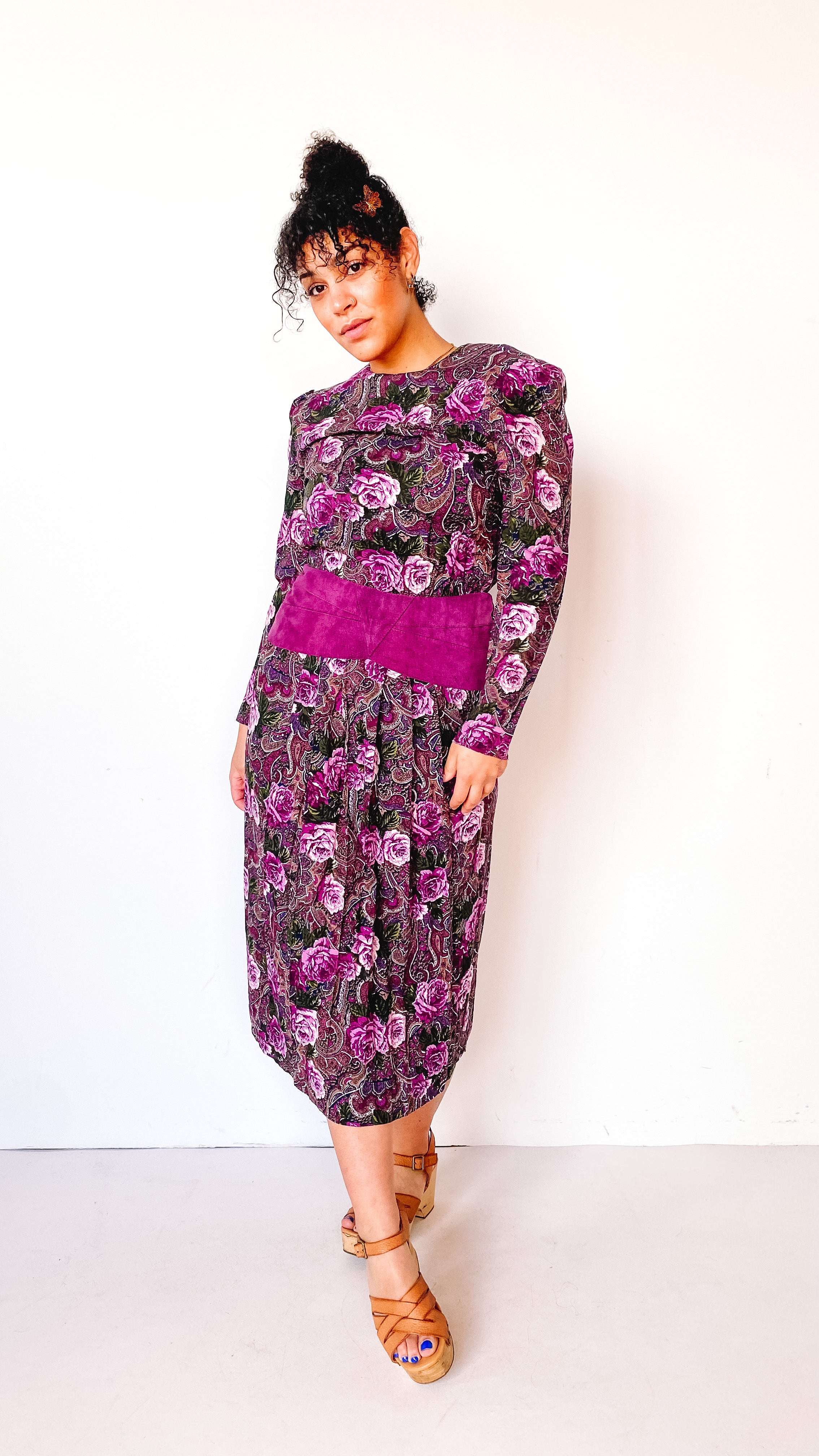 1980s Paisley Plum Floral Drop Waist Dress, sz. M/L 1980s Paisley Plum Floral Drop Waist Dress, sz. M/L