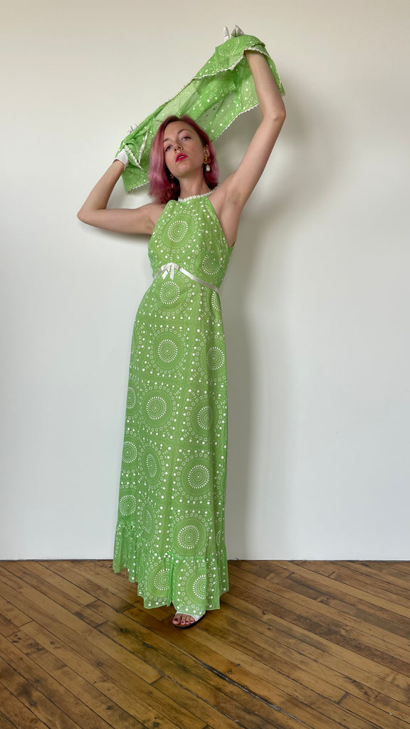 1970s Green daisy dress and shrug sz. XS/S
